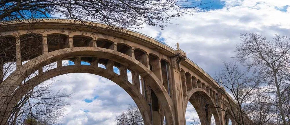Wide low-angle view of a historic concrete arch bridge with ornate railings and repeating arched openings, framed by leafless trees under a cloudy sky