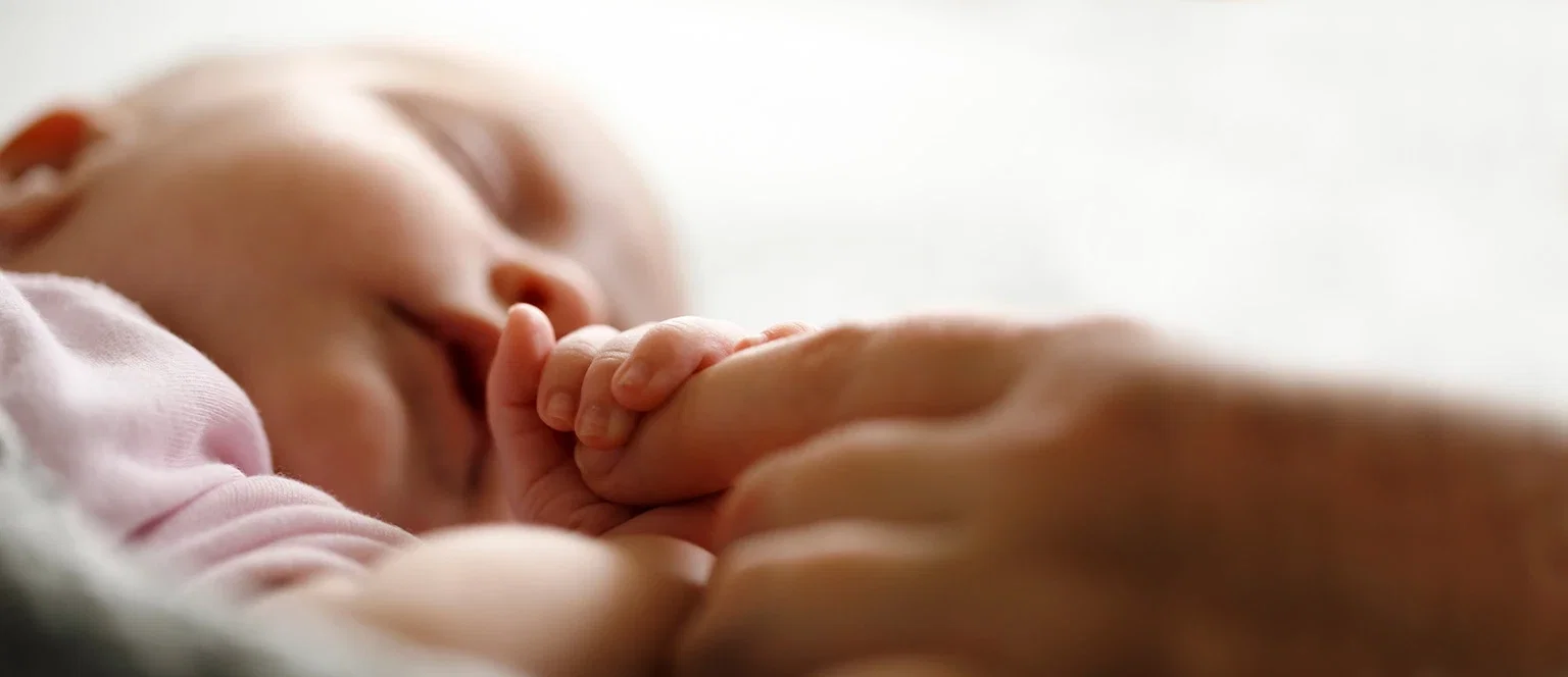 Sleeping newborn wrapped in pink blanket gripping parent