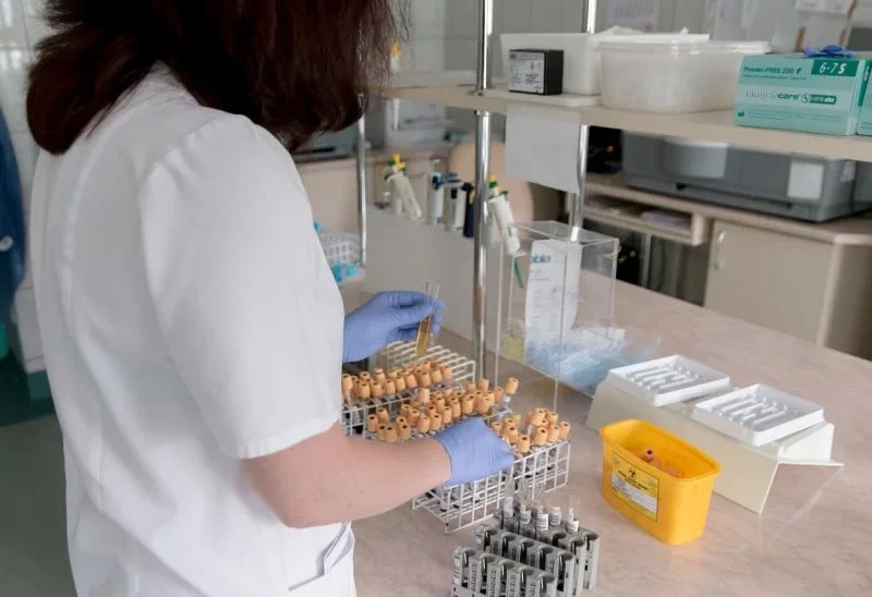Lab technician in gloves processing blood sample tubes in medical testing facility