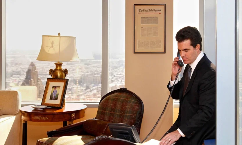 Matt Casey, Philadelphia birth injury attorney, on phone with Legal Intelligencer coverage on wall