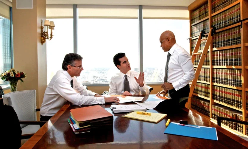 Three personal injury attorneys reviewing case documents together in law library with floor-to-ceiling legal volumes