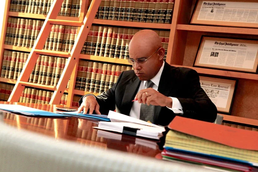 Personal injury attorney intently reviewing case documents at desk before extensive law library with framed verdicts