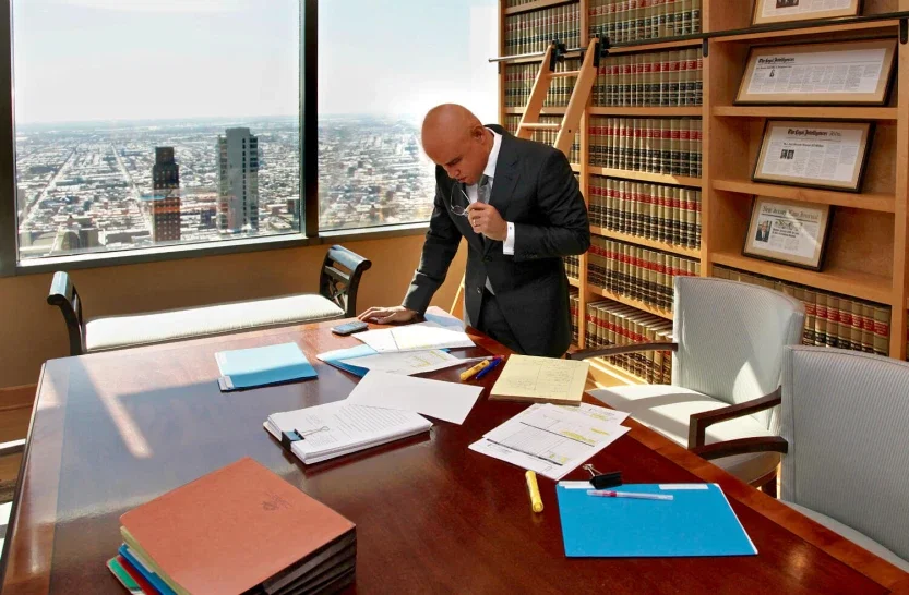 Personal injury attorney reviewing case files and documents spread across desk with Philadelphia skyline view